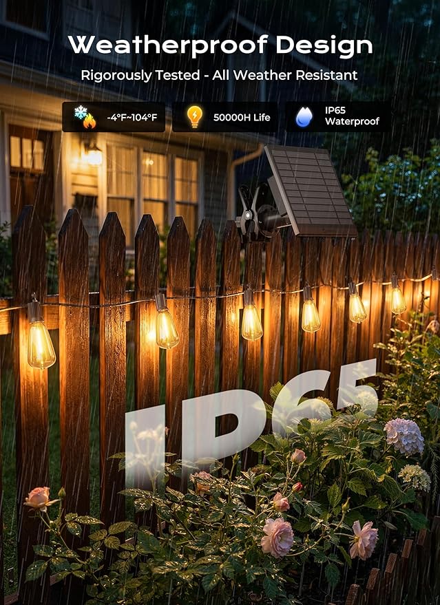 Brightown 58FT Solar String Lights Outdoor Waterproof, Patio Lights with Remote and 25+1 LED Shatterproof Bulbs, Dimmable & Timable, 3 Light Modes, Solar Lights Outdoor for Yard Camping Party Outside Brightown