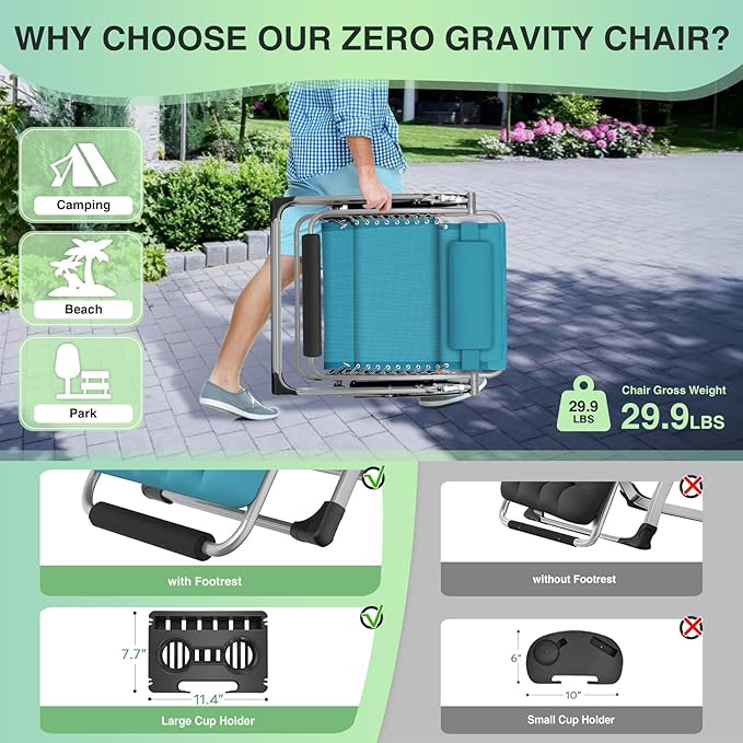 Suteck Oversized Zero Gravity Chair, 29In XL Outdoor Recliner Chair w/Removable Cushion&Headrest, Camping Lounge Chair w/Upgraded Lock&Footrest, Reclining Patio Chairs for Indoor Outdoor,500LBS Suteck