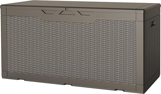 JUMMICO 100 Gallon Resin Deck Box, Waterproof Outdoor Storage Box with Lockable Lid for Garden Tools, Patio Cushions (Light Brown) JUMMICO