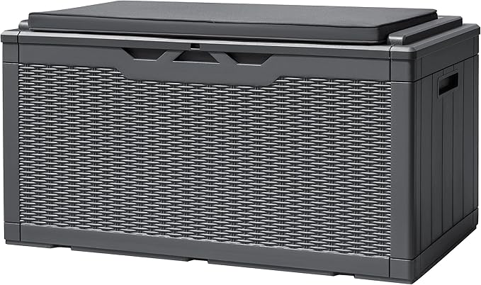 Devoko 100 Gallon Deck Box, Waterproof Resin Outdoor Storage Box with Cushion for Outside and Patio, Large Outdoor Storage Bench Cabinet Lockable for Patio Furniture and Garden Tools (Gray) DEVOKO