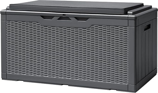Devoko 100 Gallon Deck Box, Waterproof Resin Outdoor Storage Box with Cushion for Outside and Patio, Large Outdoor Storage Bench Cabinet Lockable for Patio Furniture and Garden Tools (Gray) DEVOKO