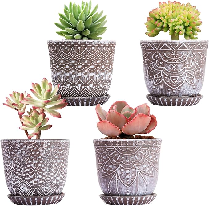 Gepege Succulent Pots, 4 Inch Small Indoor Ceramic Planter Pot with Drainage Holes and Saucers for Plants - Set of 4 Gepege