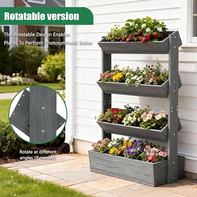 SUNYRISY 4 Tiers Vertical Raised Garden Bed Outdoor Planter Tower, Wooden Freestanding Planter Box for Planting Herbs Flowers Vegetables Patio Balcony Indoor Outdoor Gardening, Grey SUNYRISY