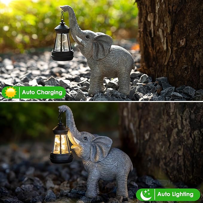 Solar Garden Statue Lights Elephants Figurine with Solar Lantern, Outdoor Yard Decorations for Patio Porch Home, Mothers Day Decorations Gift for Women - Unique Housewarming Gifts Candieslife