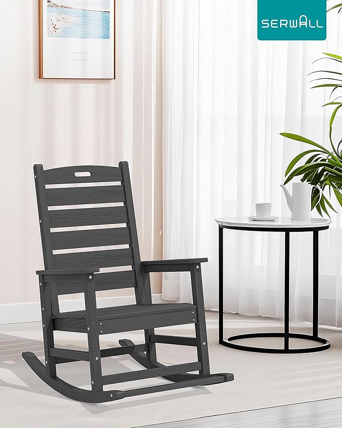 SERWALL Outdoor Rocking Chair, Oversized Rocking Chair with Footrest for Adults, HDPE All Weather Resistant Rocking Chairs for Patio, 350lbs Weight Capacity, Gray SERWALL