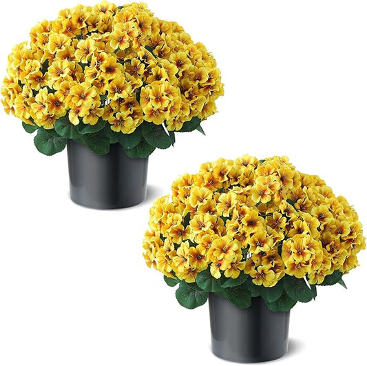 2 Pack Artificial Geranium Flowers Topitary Trees for Outdoors, UV Resistant Geraniums Potted Bushes Look Real Silk Faux Plants for Front Door Garden Porch Planter Farmhouse Home Decor (Yellow) GLIDLION