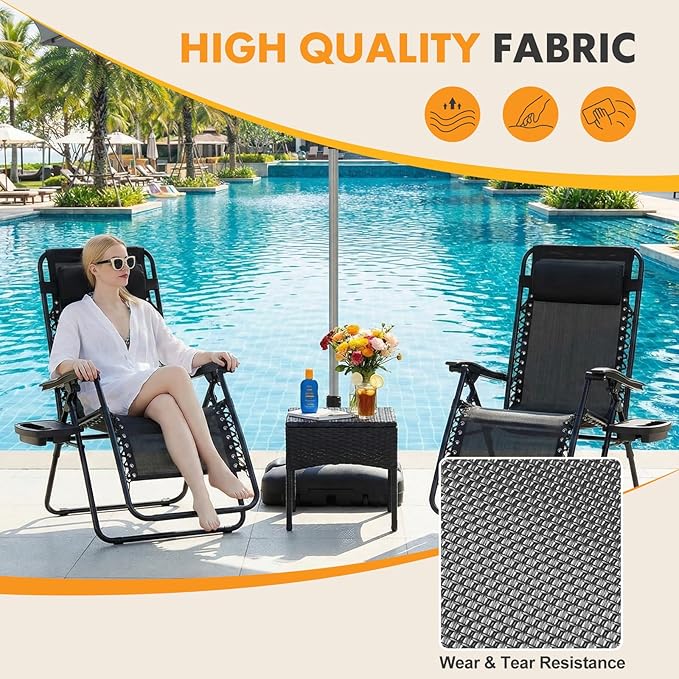 NEWBULIG Zero Gravity Chair Set of 2, Lounge Chair Folding Portable Adjustable Camping Reclining Chairs with Adjustable Pollow, Mesh Back, Cup Holder Trays Lawn Patio Chair for Pool Beach - Black NEWBULIG