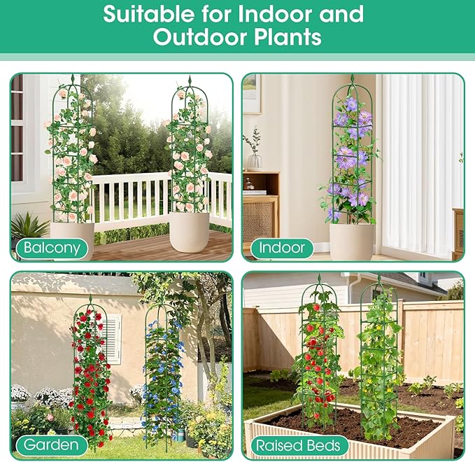 2 Pack Garden Obelisk Trellis for Climbing Plants, 71" Metal Rustproof Plant Support Rose Trellis, Tower Potted Cages for Flowers Fruits Vegetable Vines Indoor & Outdoor, Green(4 Tiers) MQHUAYU