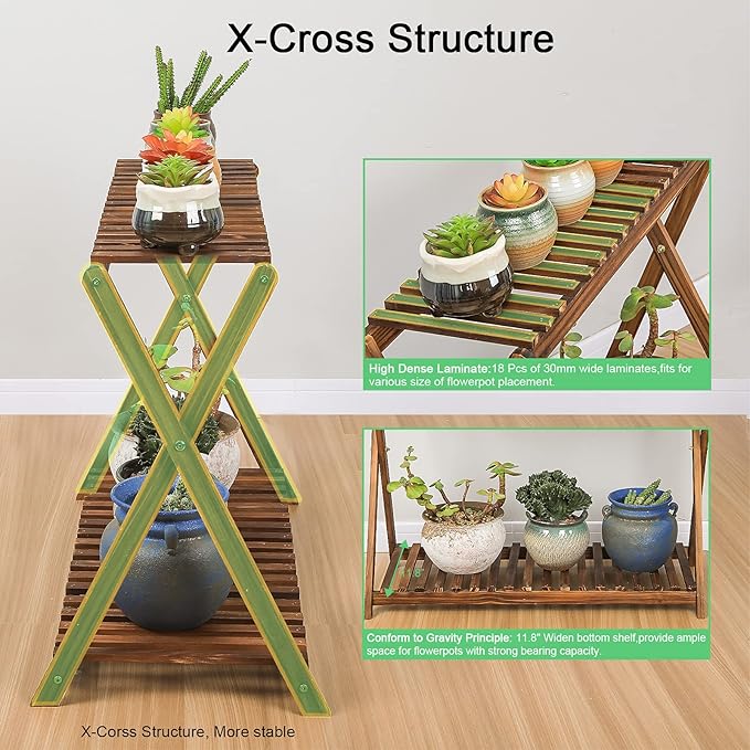 Wooden Plant Stand Indoor 2 Tier Narrow Plant Stand Outdoor Plant Shelf Display Rack Corner Flower Rack Stand for Living Room Garden Patio Balcony (X-Cross Design) Jotboom