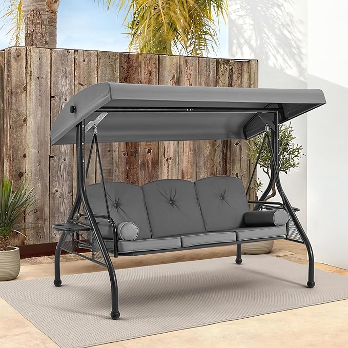 HOMREST 3 Seat Outdoor Porch Swing with 1.5" Deep Cup Holder, Adjustable Canopy,Patio Swing Bed with Stand, Patio Glider Swing with Thicken Cushions, Pillow（Grey） HOMREST