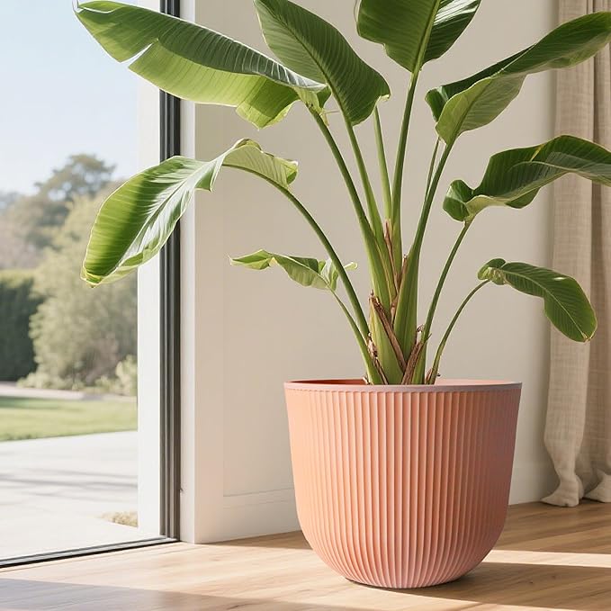 Worth Garden Round Large Planter Pot Set of 2, 17.5" Dia x 15.5" H - Durable Plastic Terracotta Plant Tree Pots with Vertical Stripe Textured Finish, Drainage Hole for Indoor Outdoor Front Porch Patio WORTH