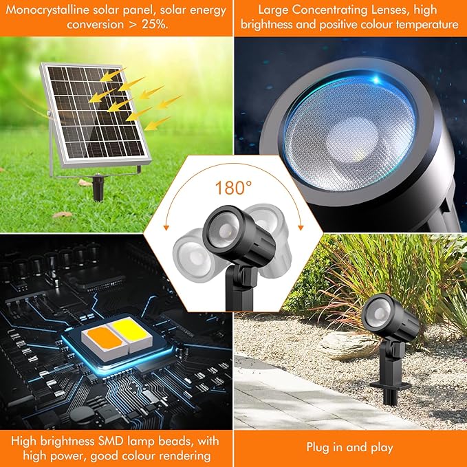 MEIHUA 6 in 1 Solar Spot Lights Outdoor, Solar Landscape Spotlights 2700K/4000K/6500K, 3 Brightness & Remote Control, IP66 Waterproof Spotlights Outdoor Garden for Pathway Driveway Tree MEIHUA
