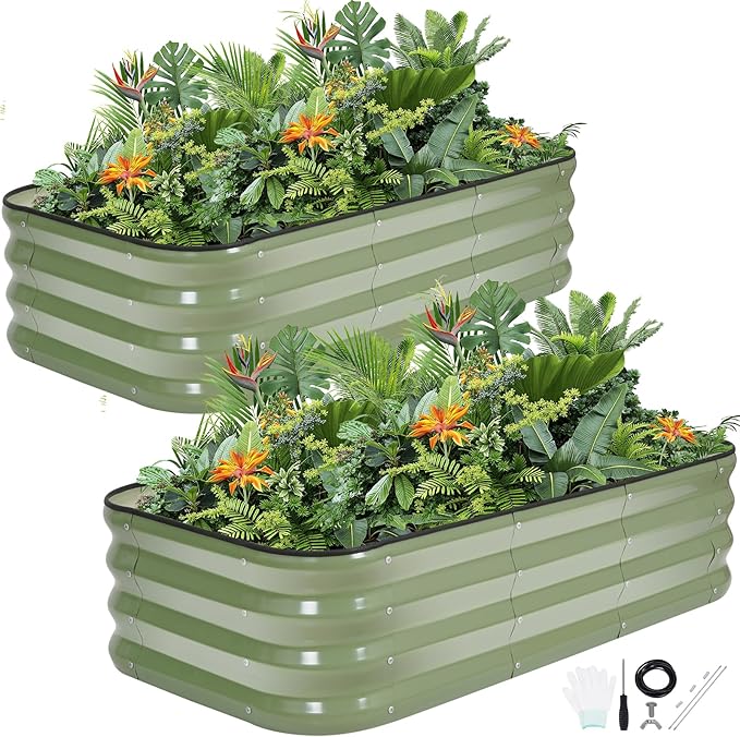 2Pcs 3-in-1 Adjustable Raised Garden Bed Kit | Galvanized Planter Boxes for Vegetables, Flowers | 12" Tall, Multiple Sizes (4x2x1ft, 3x3x1ft, 5x1x1ft) | Outdoor Metal Raised Bed for Gardening, , Green GGOODGAIN