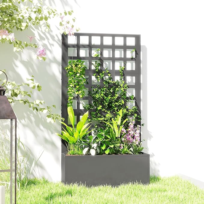 Outsunny Galvanized Raised Garden Bed with Trellis, Metal Planter Box with Drainage Holes, Outdoor Privacy Screen for Climbing Plants, Vegetable, Vines, 24" x 9" x 44.5", Gray Outsunny