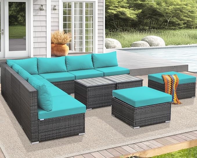 NICESOUL 11 Piece L Shaped Outdoor Conversation Set, 29.3'' High Back Comfy Wicker Patio Sectionals, Large Size Wide & Deep Seat Sofa Couches, 9 Seater Modern Furniture, 2 Color Cushion Teal & Gray NICESOUL