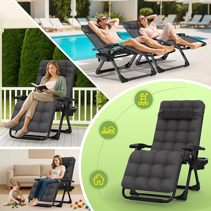 Suteck Zero Gravity Chair, Reclining Camping Lounge Chair w/Removable Cushion, Upgraded Lock and Cup Holder, Reclining Patio Chairs Folding Recliner for Indoor and Outdoor Suteck