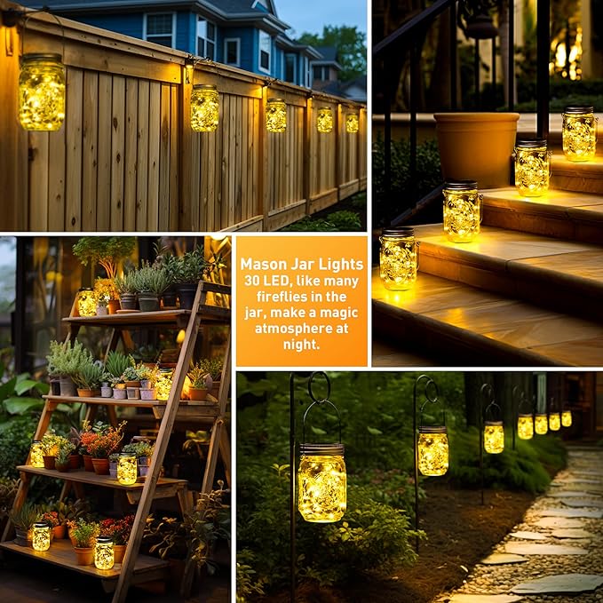 GIGALUMI Solar Mason Jar Lights, 12 Pack 30 Led String Fairy Lights Garden Lights Outdoor Waterproof Metal Lid Hanging Solar Lanterns for Outdoor, Garden, Patio, Lawn, Balcony Decoration GIGALUMI