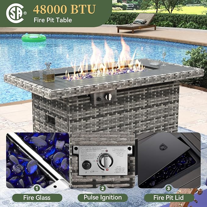 Aoxun 8 Piece Patio Furniture Set with 44'' Fire Pit Table Wicker Rattan Patio Conversation Set Outdoor Sectional Sofa Set with Coffee Table, Grey/Black (Waterproof Cover Included) Aoxun
