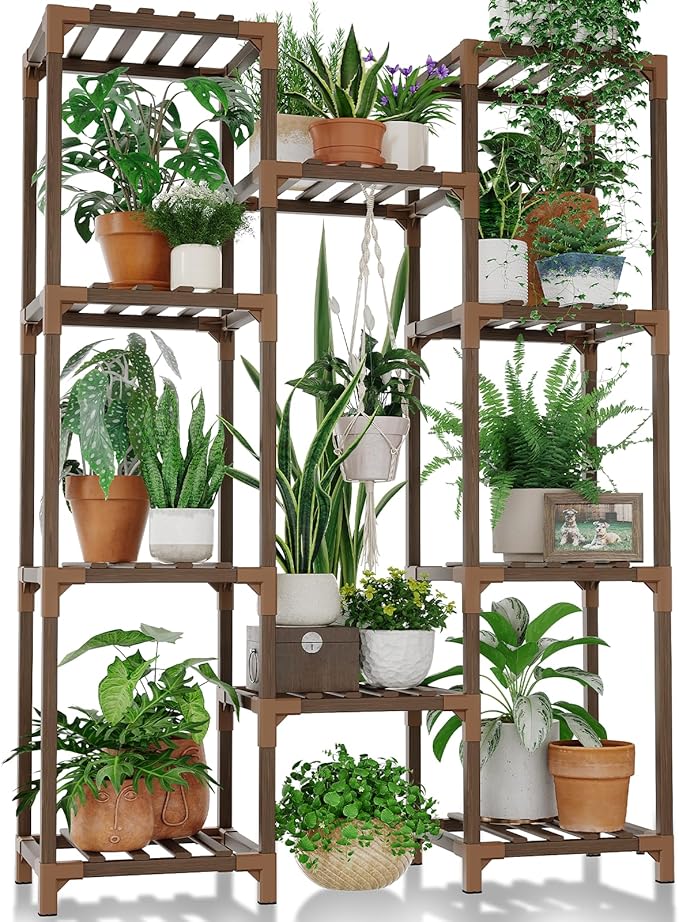 Bamworld Plant Stand Indoor Outdoor Tall Plant Shelf for Multiple Plants Pots Wood Flower Stand Large Flower Holder for Living Room, Patio, Balcony, Garden Decor, Brown Bamworld