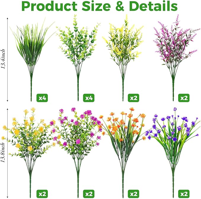 20 Bundles Artificial Flowers for Outdoors Fake Plastic Flowers UV Resistant Realistic Faux Plants Shrubs for Spring Summer Garden Porch Yard Patio Planter Window Box Home Decor, Mixedcolor Besteek