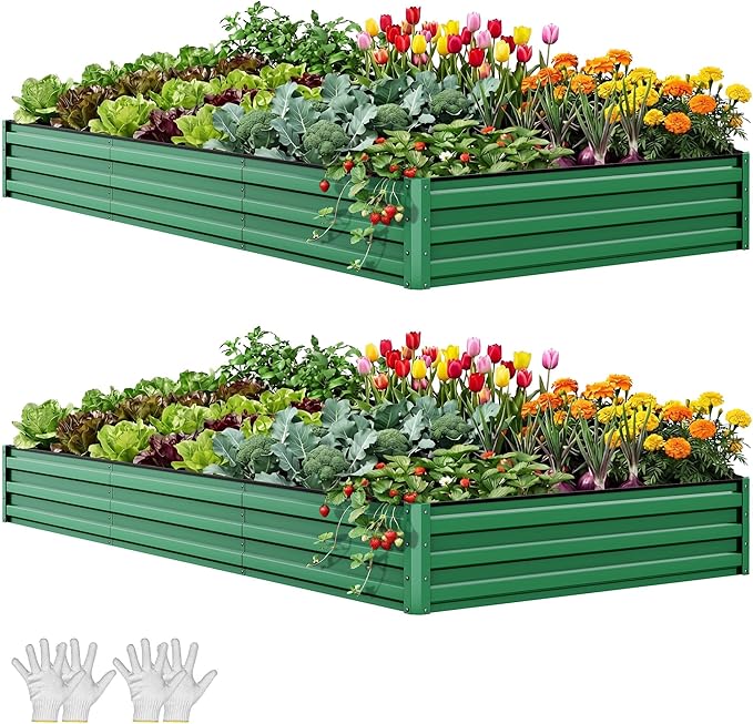 YITAHOME 8x4x1ft 2pcs Large Raised Garden Bed Kit, Galvanized Metal Planter Box with Gloves, Ground Nails & Safety Rubber, Outdoor Above Ground Planters for Plants Vegetables Flowers, Green YITAHOME