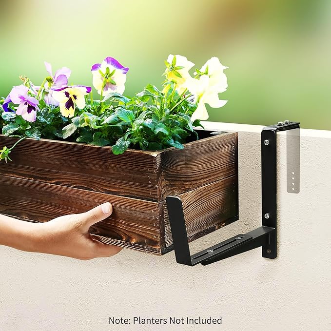 Window Box Brackets, Adjustable Planter Box Brackets, Heavy Duty Iron Flower Box Brackets for Railings, with Enhanced Bottom Support - Perfect for Balconies, Fences, and Gardens (Black, 2 Pack) VOXOR