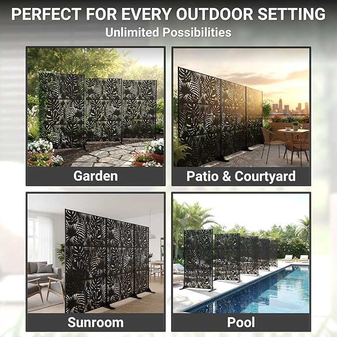 Metal Privacy Screen Outdoor – 72in Decorative Laser Cut Steel Garden Divider Panel with Tropical Leaf Design, Weatherproof Freestanding Modern Privacy Fence for Patio, Deck, Backyard & Balcony TALLYVERUS