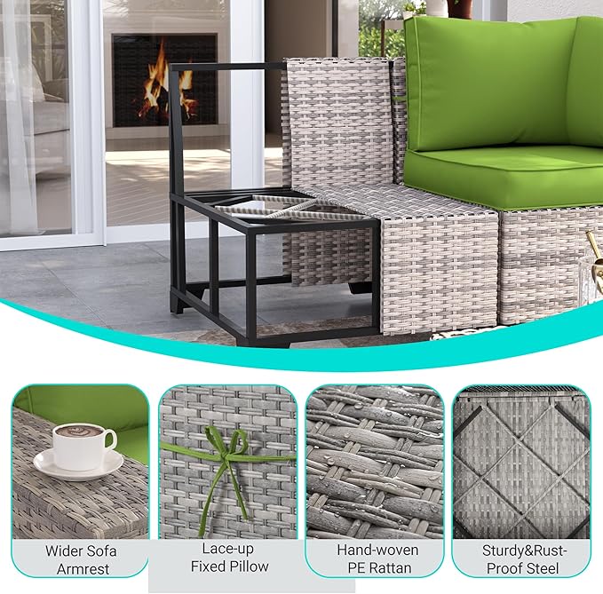 9-Piece Outdoor Patio Furniture Set with Rocking Swivel Chair Wicker Sectional Sofa Set, Patio Conversation Set with Thickened Cushions & Coffee Table for Garden, Backyard, Avocado Green MuphyersPatioFurniture
