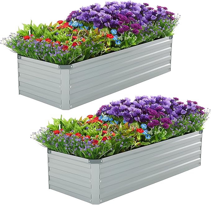 2 Pack 4x2x1FT Galvanized Raised Garden Bed Kit, Outdoor Metal Planter Box for Vegetables, Bottomless Rectangular Gardening Bed with Support Rods, Tool-Free Assembly, Gray Meberam