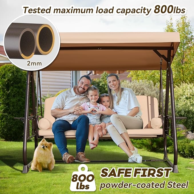 3 in 1 Outdoor Porch Swing with Adjustable Canopy, 3 Seat Outdoor Swing for Adults, Patio Swing Chair with Thickened Cushions,Pillows & Cup Holders for Backyard, Porch, Garden (Khaki) YALISSEY