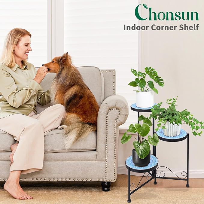 Plant Stand Indoor 3 Tie Mosaic Metal Corner Shelf Outdoor Plant Pot Holder Folding Storage Corner Table Plant Shelves for Living Room Chonsun
