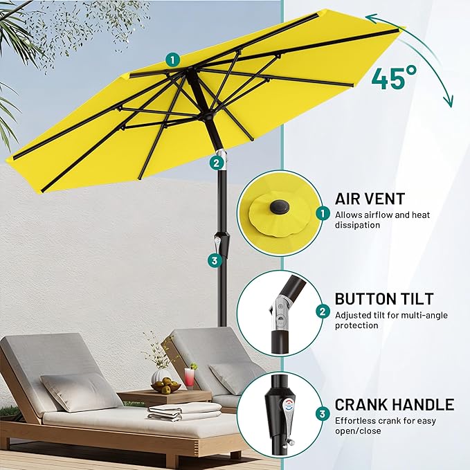 AreShark 9 FT Patio Umbrella for Outdoor, Outdoor Table Umbrella with Push Button Tilt and Crank, Outdoor Patio Umbrellas with 8 Sturdy Ribs for Market, Garden, Pool (Yellow) Rootora