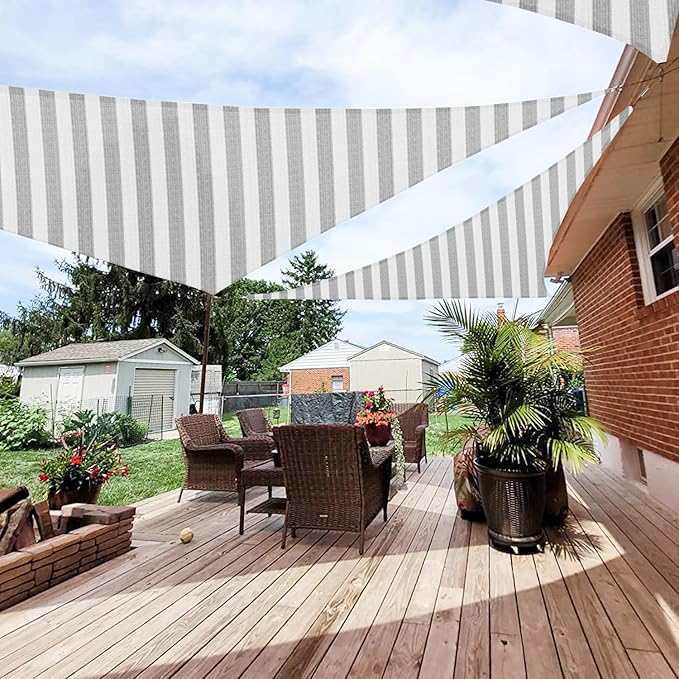 Patio Paradise 15' x 15' x 15' Sun Shade Sail Triangle Canopy Shade Cloth Fabric Sunlight Block Patio Pergola Cover HDPE Deck Awning for Outdoor Backyard Roof Shading, Gray White Strip Patio