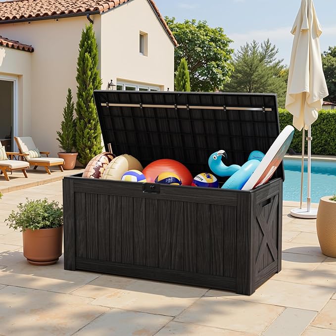 Greesum Outdoor Storage Box 120 Gallon Storage Bin with Lid for Patio Furniture, Garden Tools, Pool Supplies, Lockable, Waterproof and UV Resistant, Black BuynowfromGreesum