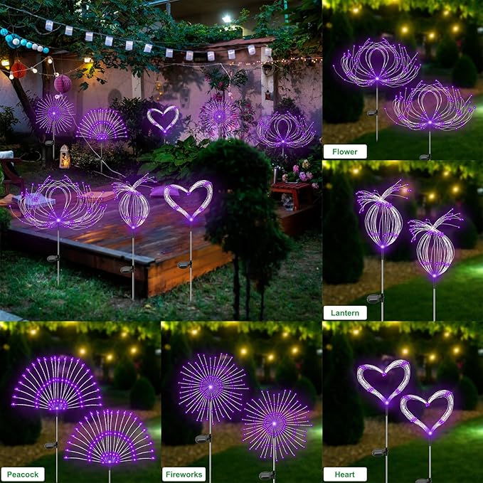 Solar Garden Lights Outdoor Waterproof, 2 Pack 120 LED Solar Firework Lights Decorative Garden Décor Outside for Flowerbed Pathway Party Christmas Decoration, Purple Slyuexu