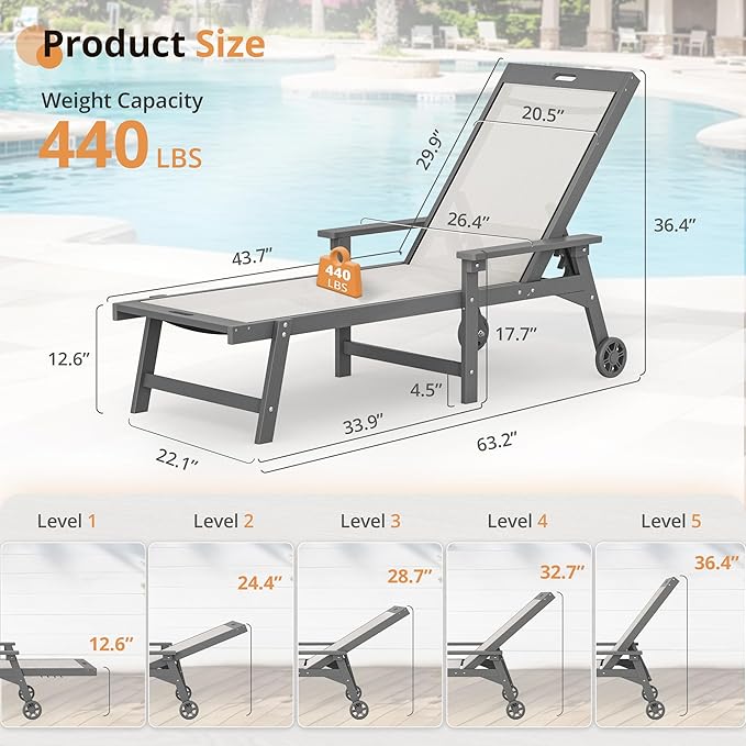 LUE BONA Chaise Lounge Chair Outdoor Set of 4, HDPS and HDPE Wicker Chaise Lounger with 5 Positions, Pool Lounge Chairs with Wheels and Adjustable Backrest for Patio, Poolside, Deck, Backyard LUEBONA