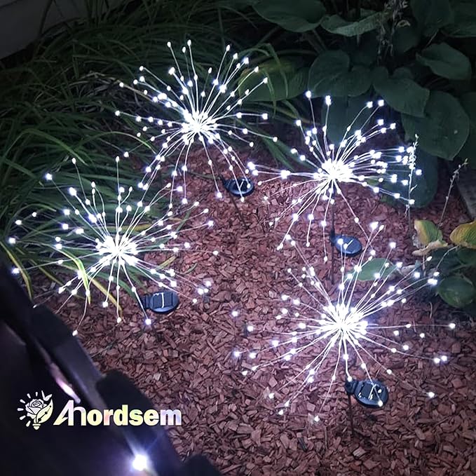 Anordsem Solar Garden Lights Outdoor: Bendable Copper Wire with 120 LED Firework Beads - White Waterproof DIY Fairy Decorations for Yard Patio Path - Gifts for Women Mom Homeowners Anordsem