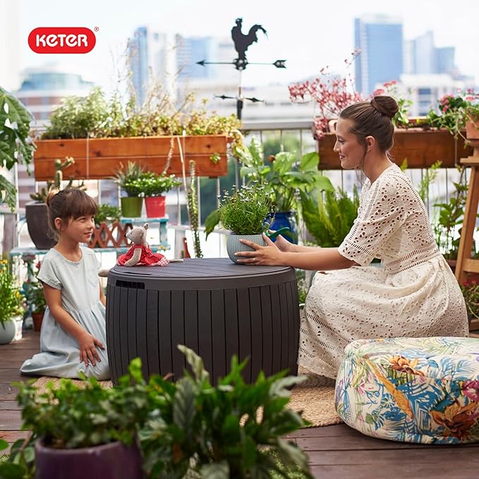 Keter Circa 37 Gallon Deck Box Organizer, Works as Ottoman Chair or Side Table, Brown – Large Resin Round Outdoor Storage and Seating for Garden, Pool, and Patio Keter