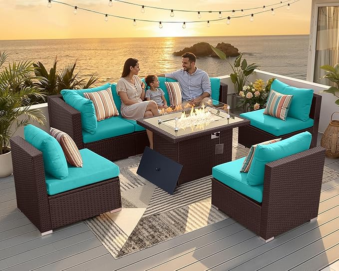 NICESOUL 7 Piece Outdoor Furniture Set with Firepit Natural Gas & Propane, Plus Size Big Modern Patio Conversation Couch, 29.3 High Back Comfy Sectional Sitting Group, Brown Rattan and Teal Cushoin NICESOUL