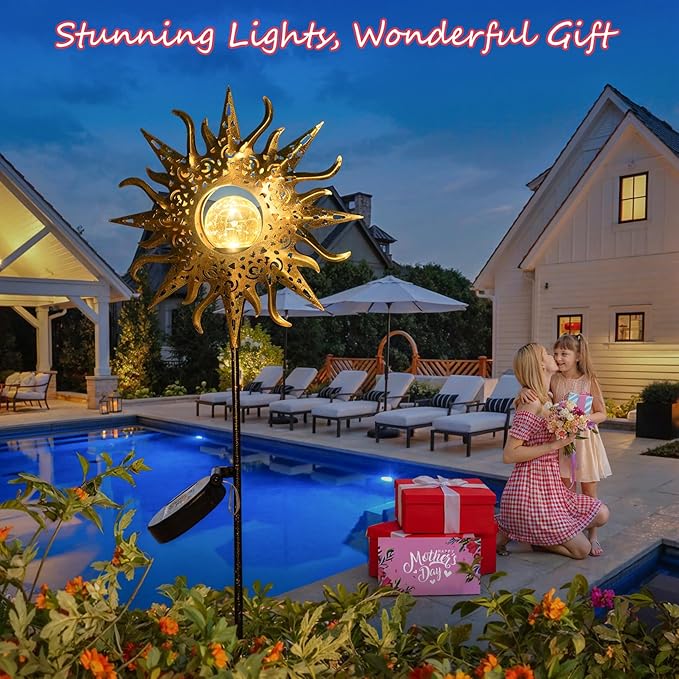 HOMEIMPRO Large Sun Solar Garden Decor Lights Outdoor Garden Gifts Mom Dad, Crackle Glass Metal Stake Backyard Decor, Waterproof LED Lights for Lawn Patio Ornaments, Mothers Day Gifts for Women Homeimpro