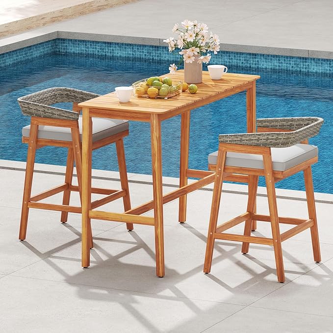Tangkula 3 Piece Patio Bar Set, Outdoor Acacia Wood Counter Height Table with 2 Cushioned Barstools with Curved Rattan Back and Footrest, for Backyard, Poolside, Balcony TANGKULA
