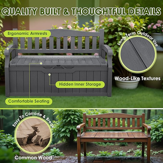 Greesum 80 Gallon Outdoor Storage Bench, Resin Patio Furniture with Armrest,Waterproof and UV-Resistant, Perfect to Garden, Poolside and Lawn, Dark Grey BuynowfromGreesum