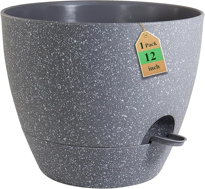 12 inch Large Self Watering Pots, Planter, Plant Pots with Mesh Drainage Holes for Indoor Outdoor House Plants and Garden, Plastic Flower Pots with Deep Reservoir, Speckled Grey WSMKSZ