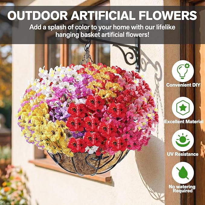 60 Pack Artificial Flowers Outdoor, Faux Silk Flowers for Outdoors Outside Front Porch Hanging Planter Window Box Garden Decoration(Mixed) Powbrace