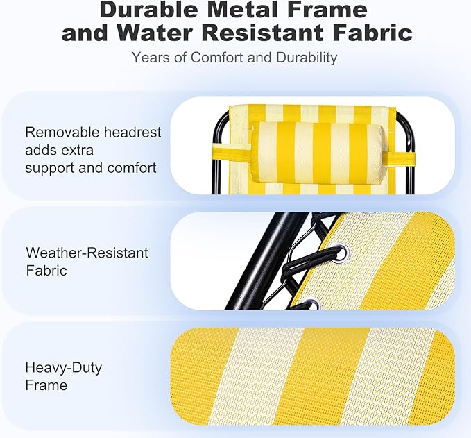 Nazhura Set of 2 Relaxing Recliners Patio Chairs Adjustable Steel Mesh Zero Gravity Lounge Chair Beach Chairs with Pillow and Cup Holder (Yellow Stripe) NazhuraGoodCompanionAtHome