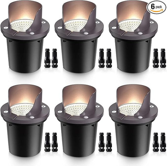 SUNVIE 12W Low Voltage Landscape Lights Waterproof Outdoor In-Ground Lights Shielded LED Well Lights 12V-24V Warm White Landscape Lighting for Pathway Garden Fence Deck, 6 Pack with Wire Connectors SUNVIE