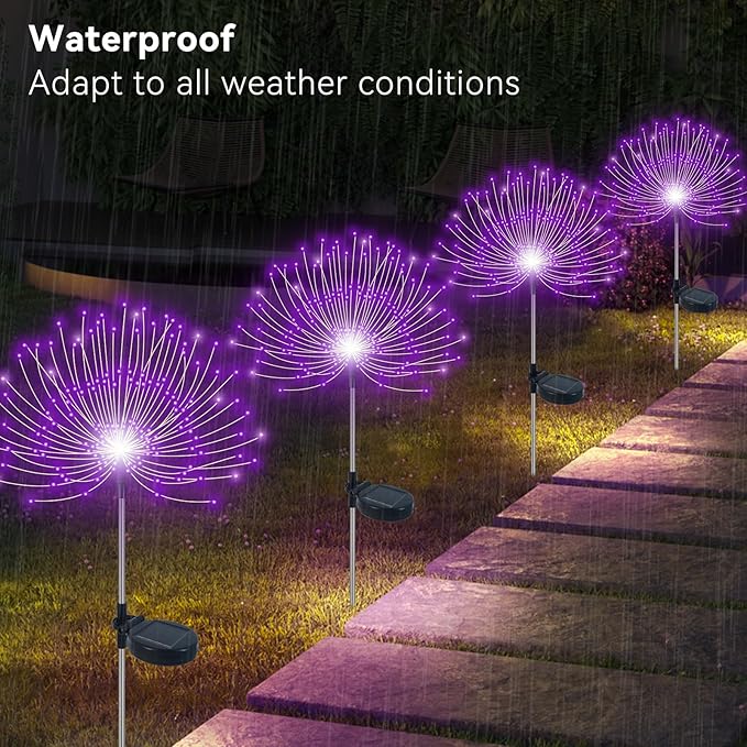Solar Garden Lights Outdoor Waterproof, 2 Pack 120 LED Solar Firework Lights Decorative Garden Décor Outside for Flowerbed Pathway Party Christmas Decoration, Purple Slyuexu