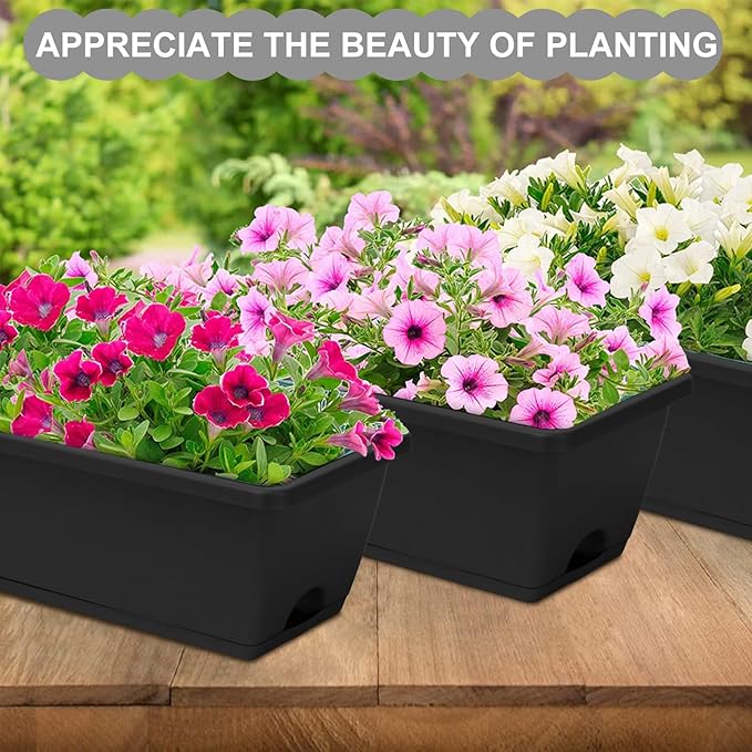 Window Box Planter, 6 Packs 17 Inches Rectangle Planters Box with Drainage Holes and Trays, Vegetable Planters for Windowsill Patio Garden Home Decor Porch Yard Dark Gray OSMOFUZE