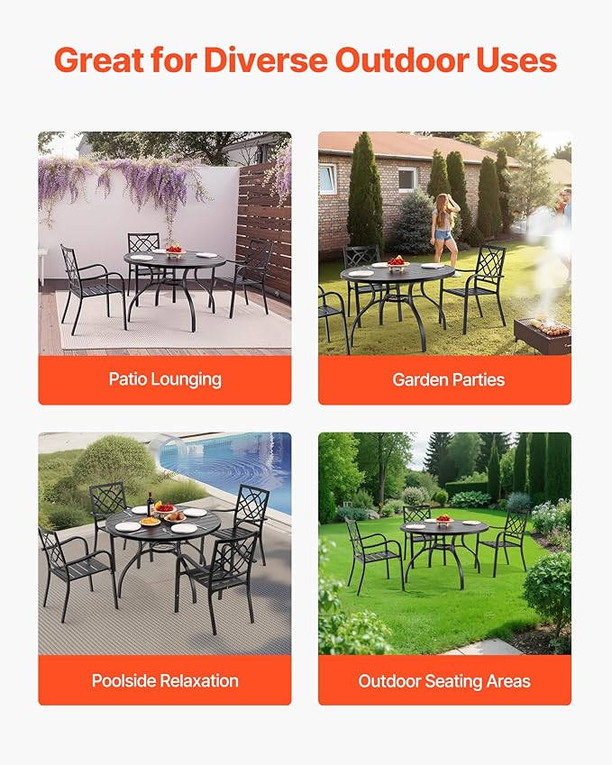 VEVOR Outdoor Patio Dining Table, 47 inch Round Metal Steel Slat Backyard Bistro Tables, with 1.5 in Umbrella Hole, Outside All-Weather Large Furniture for Lawn Garden Porch, Black VEVOR