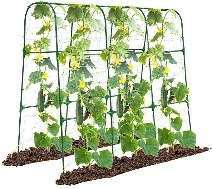 Garden Trellis for Climbing Plants Outdoor, Cucumber Trellis for Raised Bed Garden, Arch Trellis Support for Cucumbers Tomatoes Beans Peas, 50x48 inch, Metal Trellis with Netting, Green OTOSUNNY
